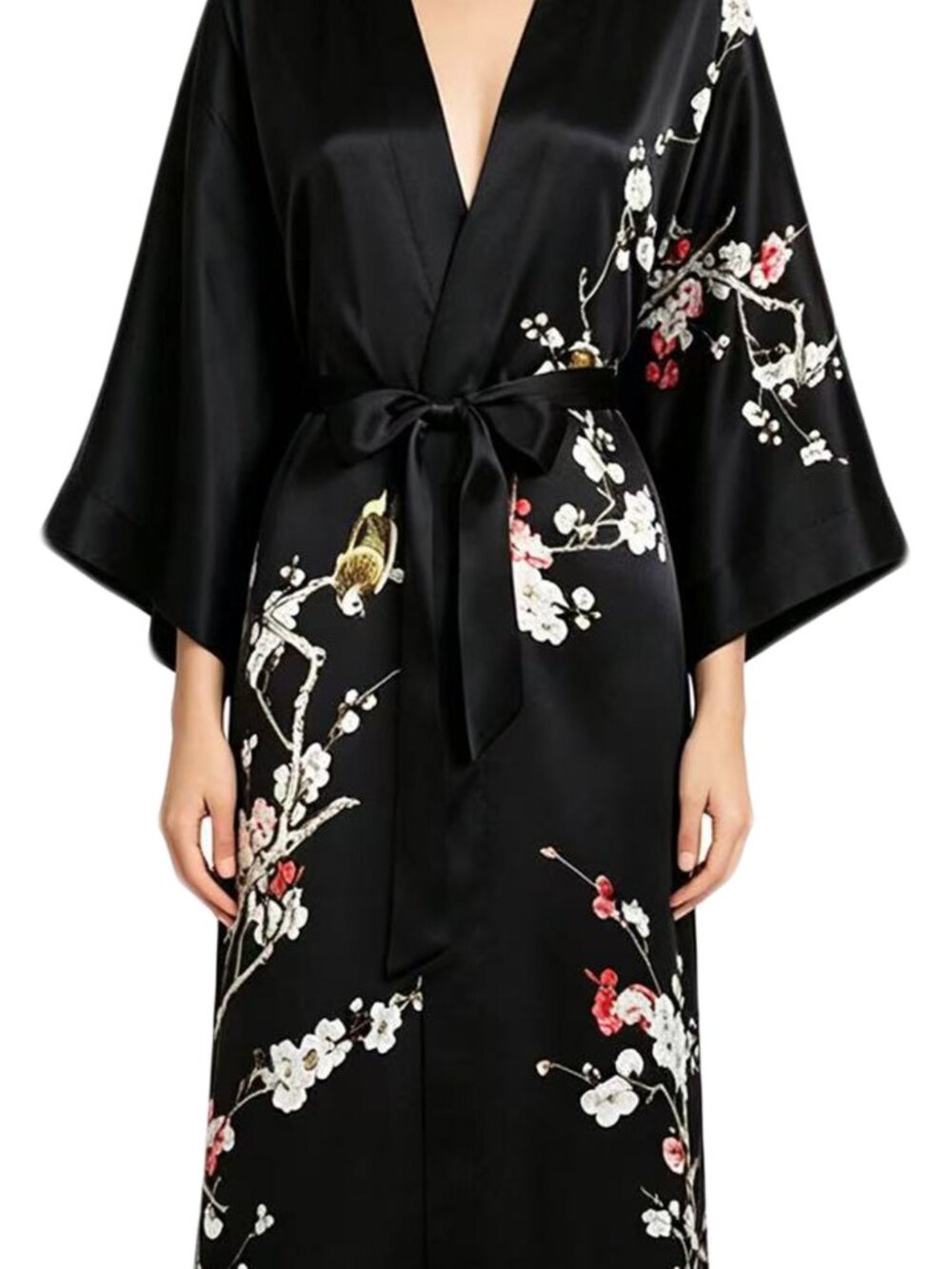 Grace Silk 100% Silk Kimono, Winter Plum Blossom, Black, Long Robe.